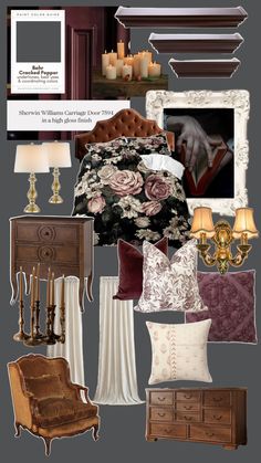 a collage of furniture and decor items including a bed, chair, table, lamp, mirror