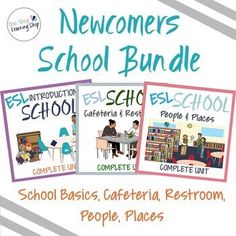 three children's books are shown with the title, newomers school bundle