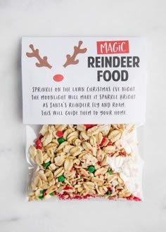 a bag of reindeer food on top of a white counter with the label above it