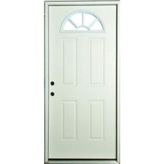 a white door with an arched window on the top and bottom panel, against a white background