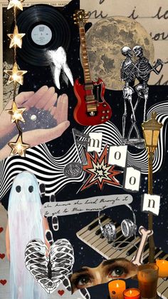 a collage of various items including an electric guitar, skeleton and other things in the background