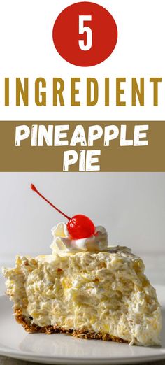 5 Ingredient Pineapple Pie slice on a plate. Pineapple Pie No Bake, Pineapple Icebox Pie, Fresh Pineapple Pie Recipe, Pineapple Cream Pie With Meringue, Pineapple Cream Cheese Pie No Bake, Cool Whip Topping, Lazy Recipes, Pineapple Pie