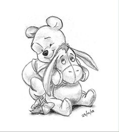 a drawing of winnie the pooh hugging her baby