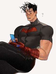 a drawing of a man sitting down holding a cell phone