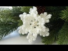 a crocheted snowflake ornament hanging from a christmas tree branch