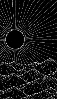 the sun is shining over mountains in this black and white drawing by artist markiek