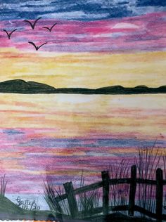 a drawing of a sunset with birds flying over the water