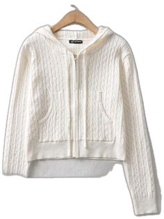 Women White Zipped Cropped Hoodie Knit Cardigan with front and side Pockets