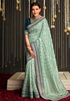 Kajal aggarwal Silk bollywood Saree in sea green colour 5222 Desc: Style : Bollywood Sarees Color : Sea Green Fabric : Silk Wash Care : Dry clean Sleeve Style : Half Sleeve Long Sleeves : Done only in Custom Stitch Sleeves Lining : Done only in Custom Stitch Bust Size : 32 to 42 Inches Occasion : Wedding Mehendi Sangeet Party Wear Reception Gudi Padwa. With Express Free Shipping Buy Indian Party wedding wear Bridal Sarees Kajal aggarwal Silk bollywood Saree in sea green colour 5222 online in USA Sea Green Saree, Saree Embroidery, Designer Silk Sarees, Wedding Silk Saree, Wedding Saree Indian, Green Saree, Fancy Blouses, Embroidery Motifs, Embroidered Wedding