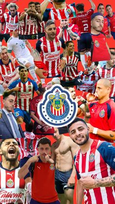 a collage of men in red and white shirts with the crest of an official soccer team