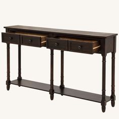 an antique console table with two drawers