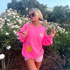 "🛒Be bold and stylish in this Neon Pink Smile Lightning Bolt Sweatshirt. This trendy crewneck features a \"Wish You Were Here\" saying that makes a statement. Perfect for creating a preppy look, this women's sweatshirt is sure to bring you comfort and style. Size up for an oversized look! 📦 FREE SHIPPING on orders $35 or more to US shoppers 👕Brand = Gildan 🧵Fabric = 50% Cotton / 50% Polyester ✂️Design = White & Yellow heat-applied vinyl 🎨Color = Safety Pink or Irish Green -Colors will vary from computer to computer and monitor to monitor.  -The colors shown may not be an exact representation.  -Slight shade variations of garment colors are likely in the pigment dye process.  📏Sizing = Unisex -Please see size chart in photos if you are wanting an oversized look I suggest sizing up fro Sweatshirts Preppy, Preppy Hoodies, Sweatshirt Preppy, Trendy Sweatshirts, Preppy Sweatshirts, Trendy Crewneck, Colorful Sweatshirt, Wish You Were Here, Oversized Crewneck