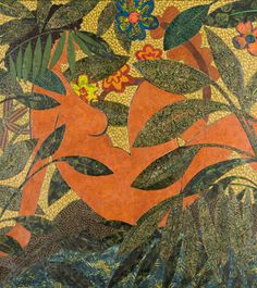 an abstract painting with leaves and flowers on the bottom half of it, surrounded by foliage