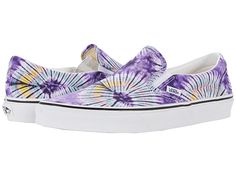 Vans Classic Slip-On - Skate Shoes : (New Age) Purple Tie-Dye : The one that started it all - the tried-and-true style and laid-back profile of the Vans Classic Slip-On shoes. Slip-on sneakers with uppers of canvas, leather, or suede. Durable upper for long lasting wear. Padded collar and footbed for added comfort, fit, and superior shock absorption. Cotton drill lining for excellent breathability and extra comfort. Die-cut EVA insert for added support. Vulcanized construction: • Slimmed-down pr Vans Slides, Purple Tie Dye, Purple Tie, Vans Classic, How To Slim Down, Shades Of Purple, Vans Classic Slip On Sneaker, Skate Shoes, Canvas Leather