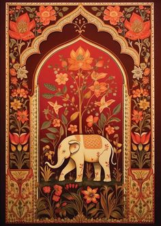 an elephant is standing in the middle of a floral design with flowers and leaves on it