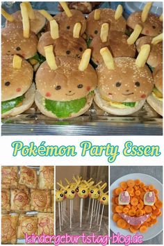 a collage of pictures including sandwiches and other food items with the words pokemon party essen on them