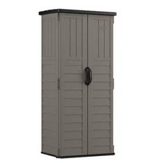 an outdoor storage shed with the door open and black handle on it's side