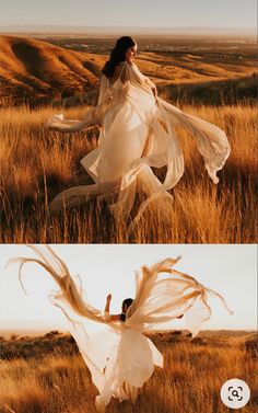 two pictures of a woman in a white dress with her arms spread out and flowing