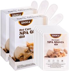 four packs of pet care spa gloves for cats, dogs and kittens in white packaging