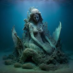 a mermaid statue sitting on top of a rock under water