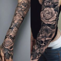 a woman's arm with flowers and skulls on it