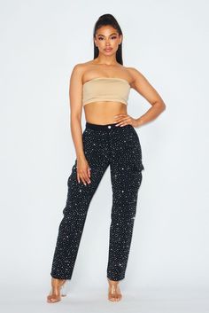 Rhinestone embellishment channels glam rock on these straight-leg jeans cut from low-stretch denim. • Denim Cargo• Straight Leg Pant• Featuring Sparkly Rhinestones• High Rise Waist• Front Zipper Closure• Side Leg Pockets Rhinestone Cargo Pants, Rhinestone Denim, Funky Pants, Denim Cargo Pants, Denim Cargo, Winter Inspo, All Black Outfit, Glam Rock, Rock On