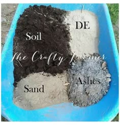 soil and dirt in a blue wheelbarrow with words describing the different types of soil