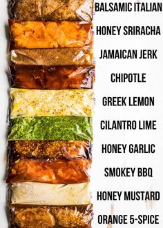 an image of different types of food wrapped in cellophane and lined up on top of each other