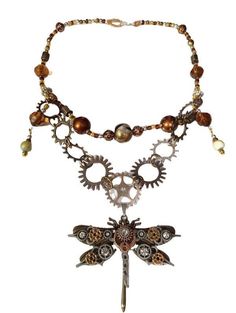 Embrace the elegance of steampunk with this unique Dragonfly Gear Necklace. Crafted with meticulous attention to detail, this necklace features a striking dragonfly pendant adorned with intricate gears and vintage-inspired accents. The necklace is composed of various bronze and copper-tone beads, complemented by antique watch gears that create an industrial yet sophisticated look. The dragonfly, symbolizing change and transformation, is the centerpiece of this statement piece, making it perfect Bronze Metal Fantasy Necklace, Steampunk Brown Jewelry Gift, Steampunk Brown Jewelry For Gifts, Steampunk Brown Jewelry For Gift, Brown Steampunk Jewelry Gift, Fantasy Style Bronze Metal Necklace, Steampunk Silver Metal Necklaces, Steampunk Silver Pendant Necklace, Silver Steampunk Metal Necklace