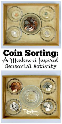 coin sorting montessoi activity for toddlers to learn how to use coins in their homes