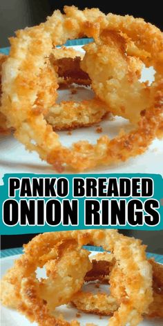 two plates with onion rings on them and the words panko breaded onion rings