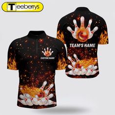 a shirt with bowling balls on fire and the words team's name printed on it