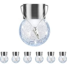 a set of six glass vases with silver handles and one is filled with water