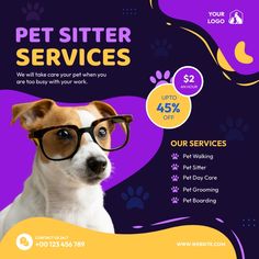 a flyer for pet sitter services with a dog wearing glasses