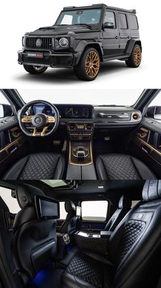 the inside and outside view of a black jeep with gold trimmings on it