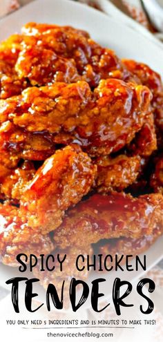 some chicken tenders on a white plate with the words spicy chicken tenders above it