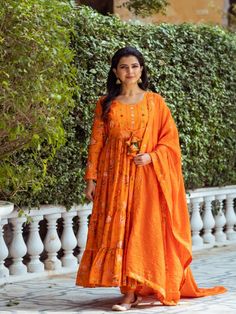 Floral Print Anarkali, Chanderi Dupatta, Silk Anarkali, Embroidered Anarkali, Eid Outfits, Orange Floral Print, Silk Bottoms, Dupatta Set, Sharara Set