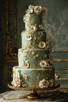 a three - tiered cake with flowers on the top is sitting on a table