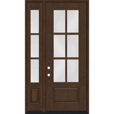 a brown double door with glass panels