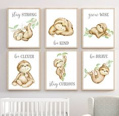 four baby nursery prints with slots hanging on the wall