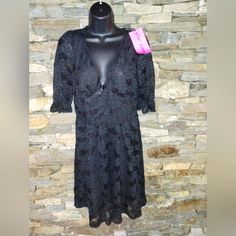 Nwt Black Lace, Plunging Neckline Zipper In Back, Size 10, Little Black Dress, Bell Sleeves, Lined Lace Dress For Party, Black Lace Prom Dress, Dress Bell Sleeves, Ruffle Prom Dress, Betsey Johnson Dress, Dress For Party, Flowy Midi Dress, Purple Midi Dress, Betsey Johnson Dresses