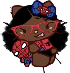 a drawing of a cat with glasses and spider - man on it's head