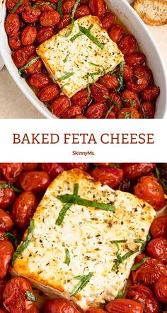 baked feta cheese with tomatoes in a casserole dish