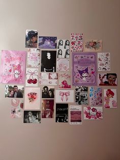 there are many pictures on the wall with pink and purple accents in this photo collage