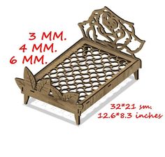 a wooden bed frame with an intricate design on the top and bottom, shown in three different sizes