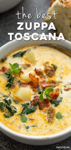 the best zuppa toscana soup in a white bowl