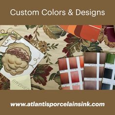 the words custom colors and designs are in front of an assortment of different color samples