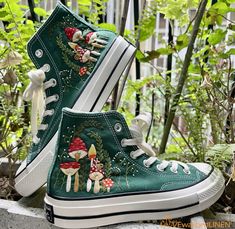 Mushrooms Embroidered Sneakers.  🌿 Love Embroidered Converse Shoes 🌿  Price includes Converse Shoes and Floral Embroidery Designs as shown  You can send me your Converse/canvas shoes or I can buy them for you. Your embroidered Converse shoes will be available to be shipped after 7-15 days.  I started to do the hand embroidery on the fashion clothes, bags for more than 15 years ago - and now on CONVERSE shoes, an American icon, a must have classic shoe!  I'm very happy to give your Chuck Taylor shoes a new look by lovely and nature-inspired embroidery patterns.