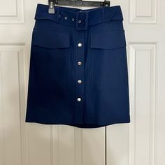 Brand New Women’s Size Small Button Front Skirt With 2 Pockets. Belt Is Removable. 19-Inch Length Smoke Free/Pet Free Home Blue Office Skirt For Fall, Button-up Workwear Bottoms With Pockets, Blue Button-up Bottoms With Pockets, Blue Office Skirt With Pockets, Utility Bottoms With Buttoned Pockets For Work, Utility Workwear Bottoms With Buttoned Pockets, Blue Skirt With Button Closure For Fall, Blue Bottoms With Buttoned Pockets For Work, Blue Button-up Bottoms For Work