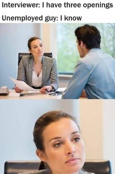 a woman sitting at a desk talking to a man in front of her with the caption